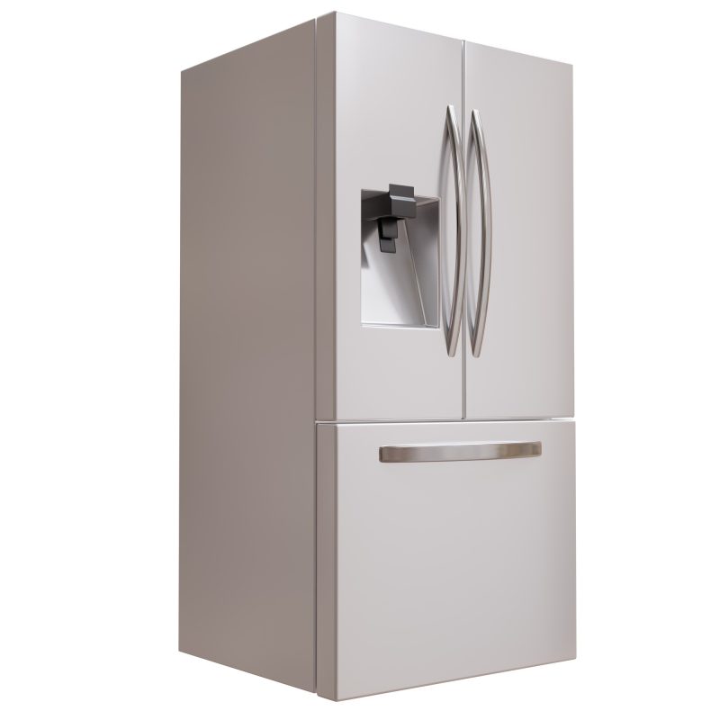 Refrigerator isolated on white, freezer with ice generator on door, kitchen appliance